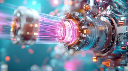 Poster - A close-up of a futuristic device emitting colorful energy beams, showcasing intricate mechanical details and vibrant lighting effects.