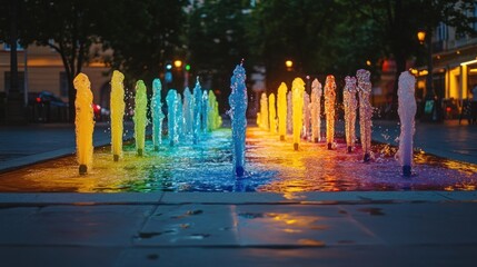 Sticker - Colorful fountain at night with rainbow water jets.