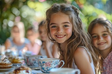 Joyful children enjoy a sunny afternoon tea surrounded by lush greenery and delightful pastries