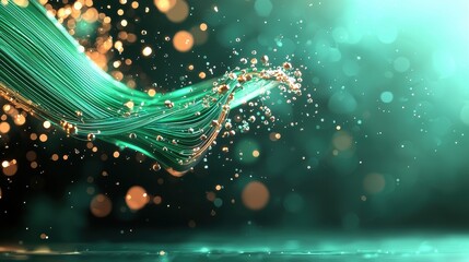 Poster - A vibrant image showcasing flowing green strands, sparkling droplets, and a dreamy blue backdrop, evoking a sense of motion and tranquility.