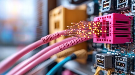 Poster - A close-up of colorful network cables connecting to a circuit board, highlighting data transmission and technology.