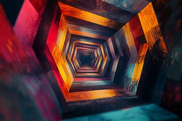 Aufkleber - Abstract Hexagonal Tunnel Of Vibrant Painted Wood