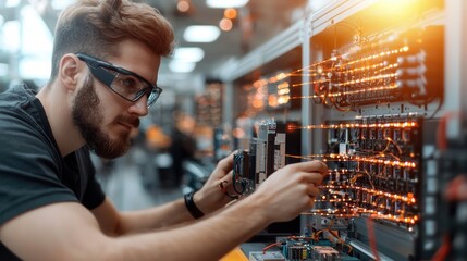 Poster - A technician works on a circuit board, using tools and wearing safety glasses, in a high-tech environment filled with illuminated components.