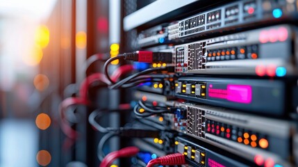 Poster - A close-up view of a server rack with colorful cables and lights, showcasing the inner workings of a data center.