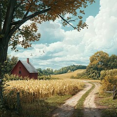 Canvas Print - Serene Countryside Landscape: Red Barn, Golden Wheat Field