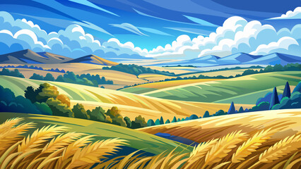 Wall Mural - A tranquil countryside landscape with rolling hills blanketed in golden wheat, a soft blue sky dotted with fluffy white clouds, and a sense of timeless calm