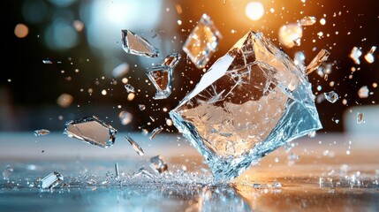 Poster - A dynamic image of a splashing ice cube, capturing the moment of impact with scattered ice shards and glistening water droplets in a vibrant background.