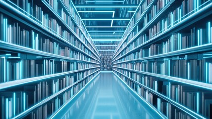 Aufkleber - A futuristic library with glowing blue shelves filled with books, creating a vibrant and immersive reading environment.