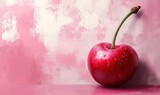 Single red cherry, pink background, water droplets.