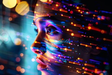 Poster - A young woman stands in an urban environment, her face illuminated by colorful digital light patterns, creating a striking visual effect at night.