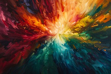 Poster - An abstract artwork depicting a dynamic explosion of vibrant colors, blending hues of red, orange, yellow, green, blue, and purple that evoke feelings of energy and movement.