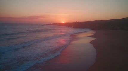 Poster - Coastal sunset, waves on sandy beach.