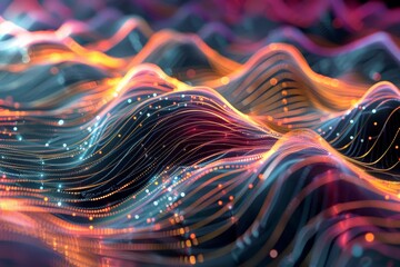Poster - Colorful waves of light flow seamlessly across the surface, creating a dynamic visual rhythm that captures the essence of energy and movement in an abstract landscape.
