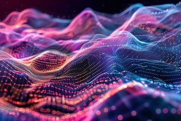 Poster - Vibrant wave patterns cascade through a dark space, showcasing colorful lights and intricate designs that symbolize data movement in a digital environment.