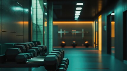 Wall Mural - Dumbbells neatly arranged on a rack in a modern fitness center