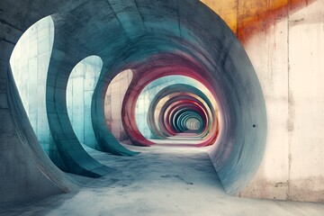 Poster - Abstract Concrete Tunnel With Colorful Circular Forms