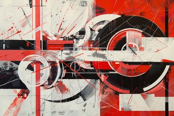 Poster - An abstract composition showcases striking red and black colors intertwined with geometric shapes and expressive lines, creating a lively visual experience.