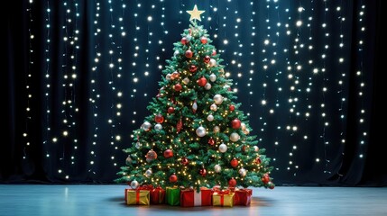 Wall Mural - Elegant Christmas tree with holiday decorations on a background of twinkling lights for festive banners