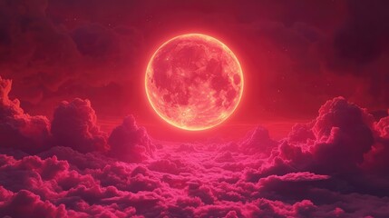 Poster - Fantastical full red moon surrounded by glowing clouds, set against a crimson sky with a mysterious cinematic vibe