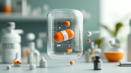 Poster - Transparent holographic pheromone chart displayed in a futuristic biotech office setting