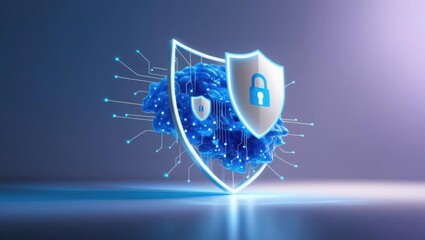 Poster - A futuristic representation of cybersecurity, featuring shields and a digital network, symbolizing protection and data security.