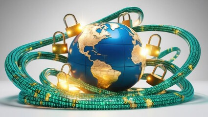 Poster - A globe wrapped in digital locks and green cables symbolizes cybersecurity and data protection in a connected world.