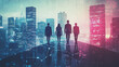 © Teeraphon - Abstract business team stands on the peak of success amid tall, innovative Smart city and graphs with statistics to analyze business potential and predict future developments in company growth.
