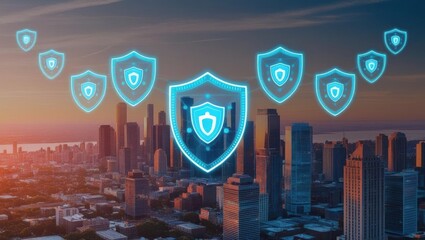 Poster - A futuristic cityscape featuring glowing security shields, symbolizing digital protection and cybersecurity amidst an urban sunset backdrop.