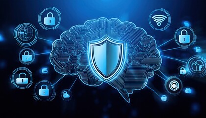 Poster - a digital brain graphic featuring a shield with icons representing cybersecurity and connectivity.