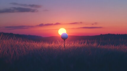 Poster - Golf ball on a tee with a glowing horizon at dusk