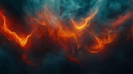 Poster - Abstract fiery flames dance through a dark smoky background, creating a dramatic and intense atmosphere.