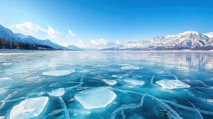 Wall Mural - Frozen lake with mountains and clear blue ice.