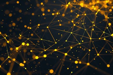 Fototapete - A complex arrangement of luminous golden dots and lines spans the dark backdrop, representing concepts of technology, connection, and data flow in a visually striking manner.