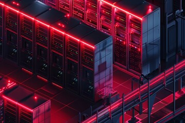 Poster - Rows of advanced servers are illuminated by vibrant red lights in a darkened data center, creating an energetic and modern atmosphere for digital operations.