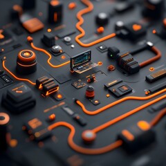 Poster - Innovative digital realm featuring glowing data conduits undulating information networks and holographic control panels showcasing a futuristic technological landscape