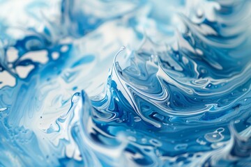 Poster - Rich shades of blue and white flow together in an abstract pattern resembling ocean waves, showcasing unique textures and depth through the fluid paint application.