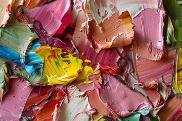 Poster - The artwork reveals a rich tapestry of colors and textures with varied brush strokes and thick paint layers, highlighting artistic creativity and an engaging process.