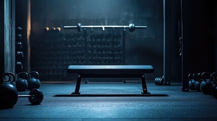 Poster - Gym bench surrounded by dumbbells and kettlebells under studio lighting