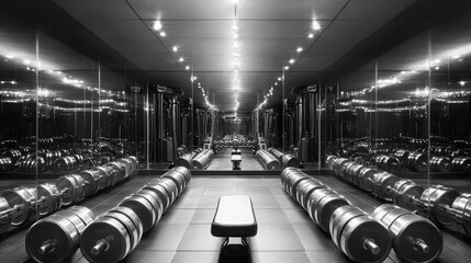 Poster - Gym mirror reflecting rows of weightlifting equipment and dumbbells