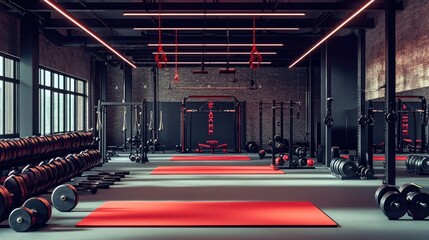 Poster - Gym setting with kettlebells and barbells arranged for strength training