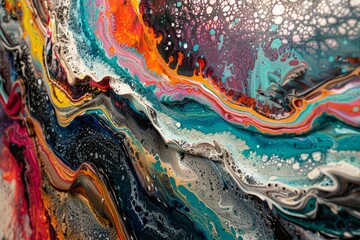 Poster - An intricate artwork features vivid hues of blue, orange, and purple, blending and swirling together through unique fluid painting methods that create striking textures and patterns.