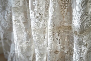 Poster - A soft white lace drapery catches gentle natural light, revealing detailed floral patterns and textures, enhancing the elegance of the room's ambiance.