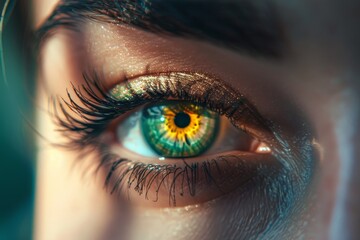 Poster - an eye exhibits mesmerizing green and yellow colors, accentuated by long eyelashes, reflecting uniqu
