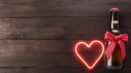 Wall Mural - Valentine Beer with heart, A festive beer bottle adorned with a red bow, next to a glowing heart, set against a rustic wooden background.