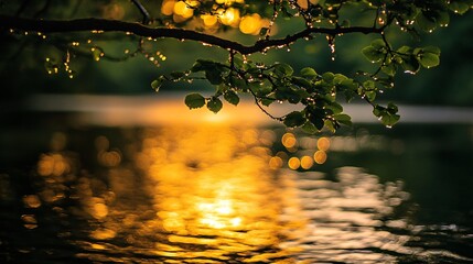 Wall Mural - A serene nature scene featuring glistening leaves with raindrops against a warm golden sunset reflecting on the water.