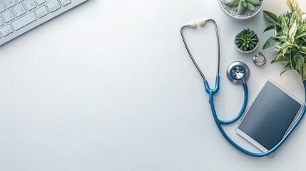 healthcare professional's desk with keyboard, stethoscope, tablet, and plants.