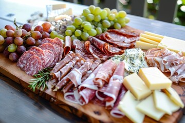 This charcuterie board displays an enticing array of cured meats, cheeses, green and purple grapes, and fresh herbs, perfect for sharing during a sunny afternoon gathering with friends.