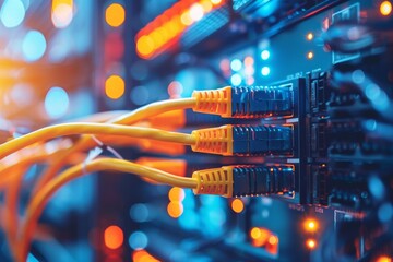 Poster - The network cables are tightly connected to the server as vibrant LED lights create a dynamic atmosphere in a modern data center during nighttime.