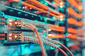 Poster - Brightly lit network switches are shown with glowing ports and connected cables, highlighting their role in data transmission within a tech hub during evening hours.