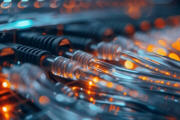 Poster - Network cables with glowing connectors are arranged in a server rack, highlighting the advanced technology of data management in a modern data center.